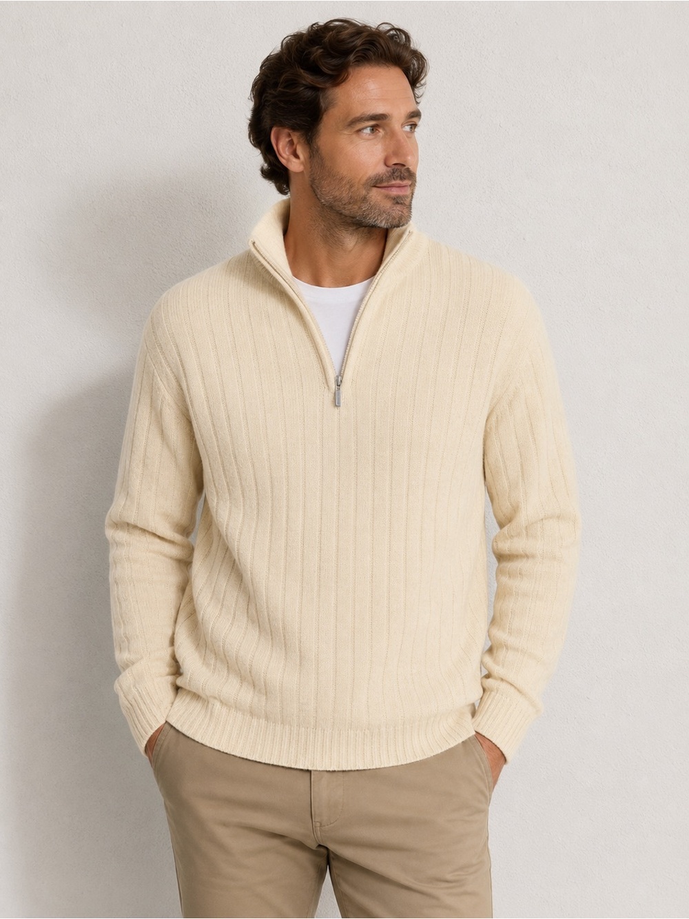 Hathaway 100% Lambs wool Men's Ribbed Half-Zip Sweater - Cream L